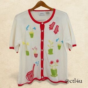 Whimsical Garden Cardigan Size L Top Floral Embroidered Knit Retro Grannycore